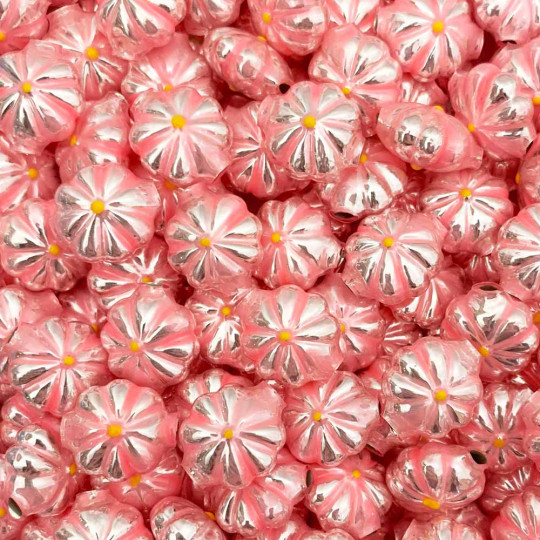 7 Flower Shaped Glass Garland Beads ~ Pearl Light Pink + Yellow Centers ~ 18mm