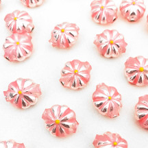 7 Flower Shaped Glass Garland Beads ~ Pearl Light Pink + Yellow Centers ~ 18mm