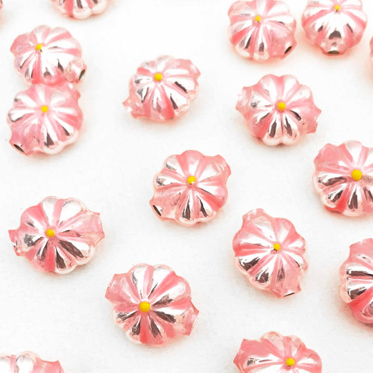 7 Flower Shaped Glass Garland Beads ~ Pearl Light Pink + Yellow Centers ~ 18mm