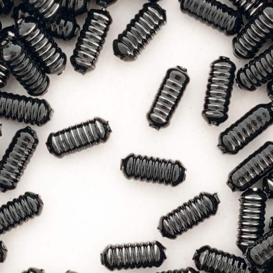 10 Black Ribbed Cylinder Glass Beads 16mm ~ Czech Republic