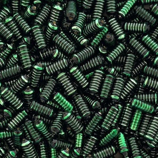 10 Dark Green Ribbed Cylinder Glass Beads 16mm ~ Czech Republic