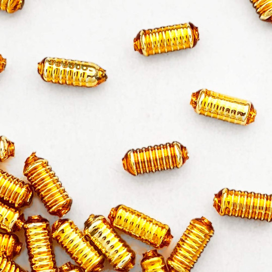 10 Gold Ribbed Cylinder Glass Beads 16mm ~ Czech Republic
