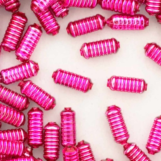 10 Hot Pink Ribbed Cylinder Glass Beads 16mm ~ Czech Republic