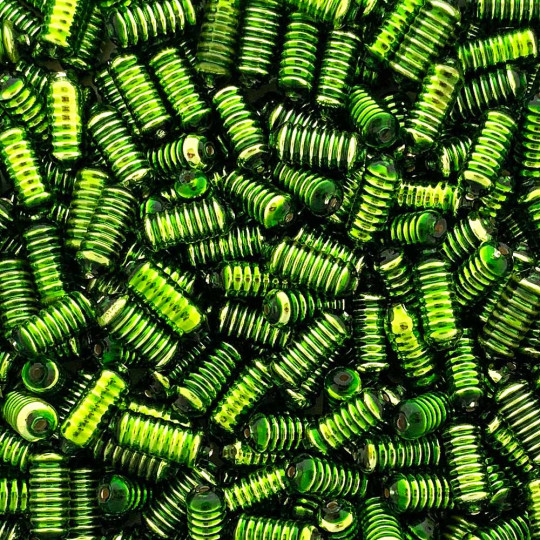 10 Lime Green Ribbed Cylinder Glass Beads 16mm ~ Czech Republic