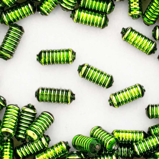 10 Lime Green Ribbed Cylinder Glass Beads 16mm ~ Czech Republic