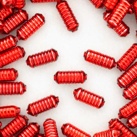 10 Red Ribbed Cylinder Glass Beads 16mm ~ Czech Republic