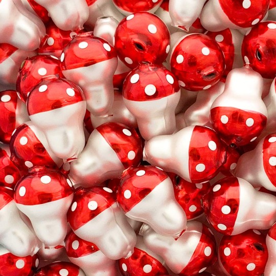 3 Blown Glass Red Mushroom Beads 1-1/8" ~ Czech Republic