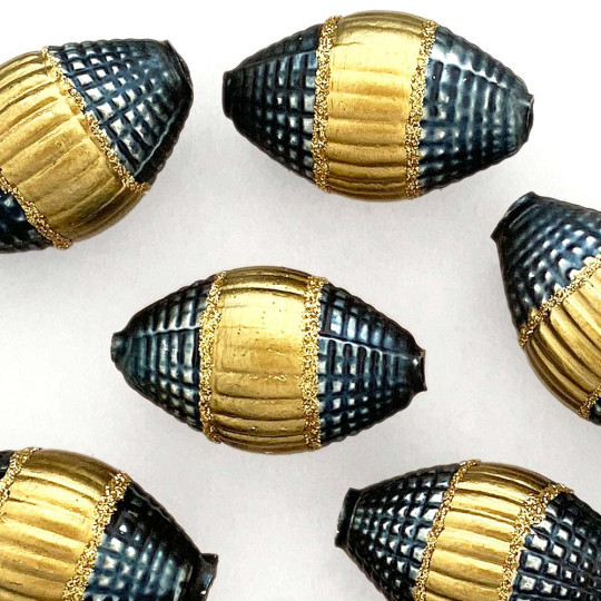 1 Jumbo Matte Dark Blue and Gold Fantasy Barrel Bead 1-7/8" ~ Czech Republic
