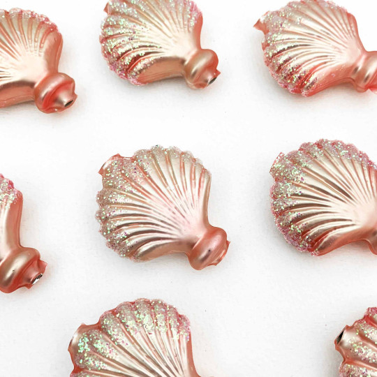 Large Matte Light Pink Glittered Scallop Shell Figural Glass Garland Bead ~ 1-3/4"