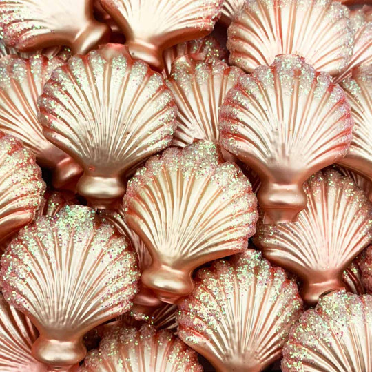 Large Matte Light Pink Glittered Scallop Shell Figural Glass Garland Bead ~ 1-3/4"