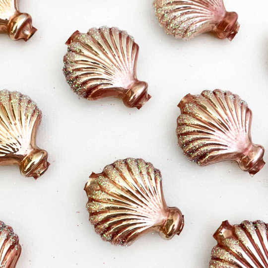 Large Pearl Rose Pink Glittered Scallop Shell Figural Glass Garland Bead ~ 1-3/4"