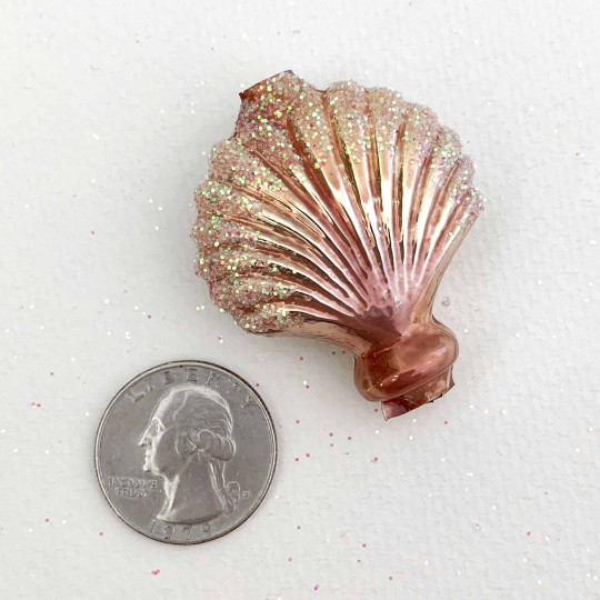 Large Pearl Rose Pink Glittered Scallop Shell Figural Glass Garland Bead ~ 1-3/4"