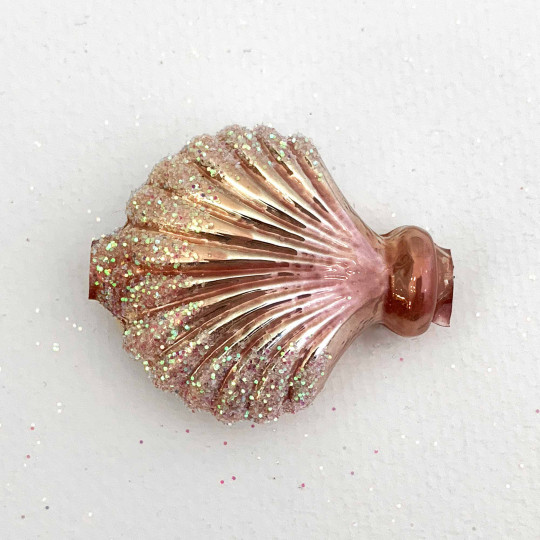 Large Pearl Rose Pink Glittered Scallop Shell Figural Glass Garland Bead ~ 1-3/4"