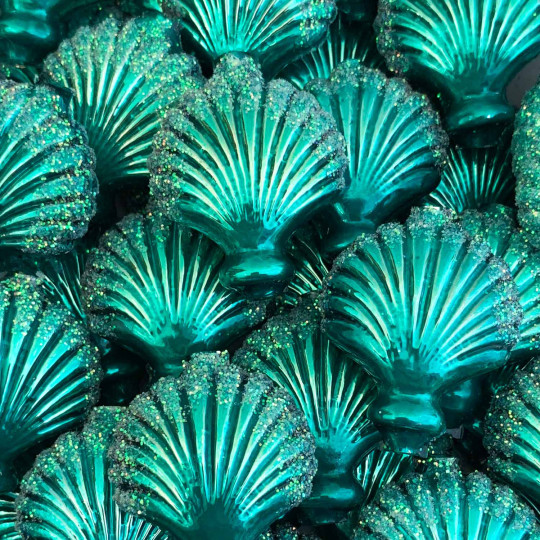 Large Pearl Teal Glittered Scallop Shell Figural Glass Garland Bead ~ 1-3/4"