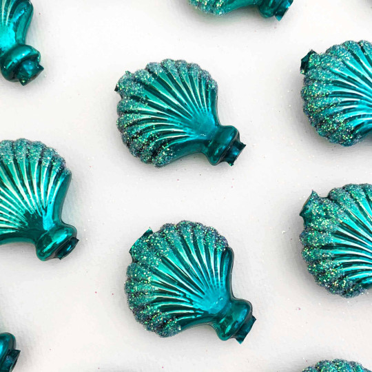 Large Pearl Teal Glittered Scallop Shell Figural Glass Garland Bead ~ 1-3/4"