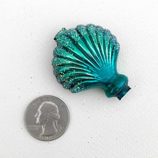 Large Pearl Teal Glittered Scallop Shell Figural Glass Garland Bead ~ 1-3/4"
