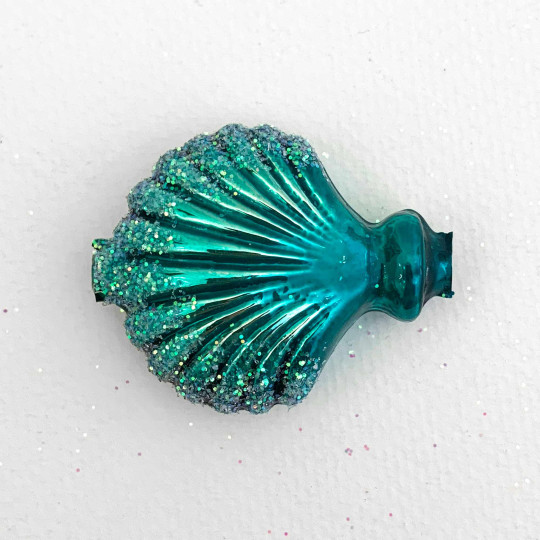 Large Pearl Teal Glittered Scallop Shell Figural Glass Garland Bead ~ 1-3/4"