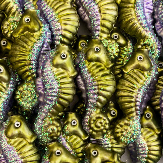 Large Glittered Seahorse Figural Glass Garland Bead ~ 2-1/2"