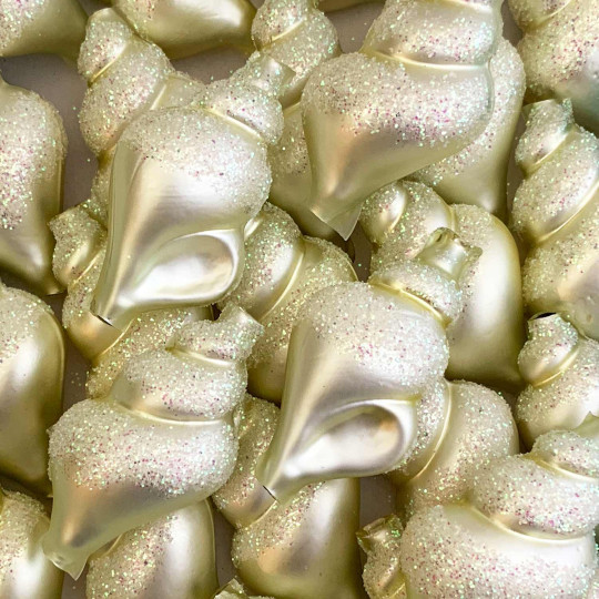 Large Matte Pale Yellow Glittered Shell Figural Glass Garland Bead ~ 2-1/4"