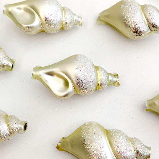 Large Matte Pale Yellow Glittered Shell Figural Glass Garland Bead ~ 2-1/4"