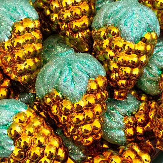 Extra Large Golden Yellow Glittered Grapes Figural Glass Garland Bead ~ 2-1/8"