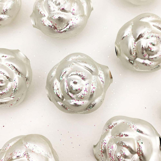 1 Large Matte White Rose Blown Glass Garland Bead with Iridescent Glitter ~ 1-1/2"