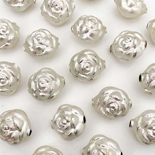 1 Large Matte White Rose Blown Glass Garland Bead with Iridescent Glitter ~ 1-1/2"