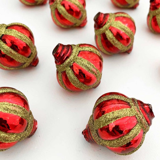 1 Red and Gold Glitter Fancy Glass Garland Bead ~ 1-1/2"