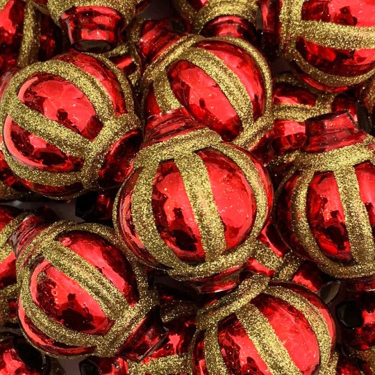 1 Red and Gold Glitter Fancy Glass Garland Bead ~ 1-1/2"