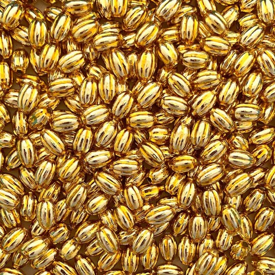 15 Small Gold Ribbed Olive Blown Glass Beads 10mm ~ Czech Republic