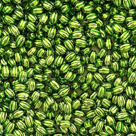 15 Small Light Green Ribbed Olive Blown Glass Beads 10mm ~ Czech Republic