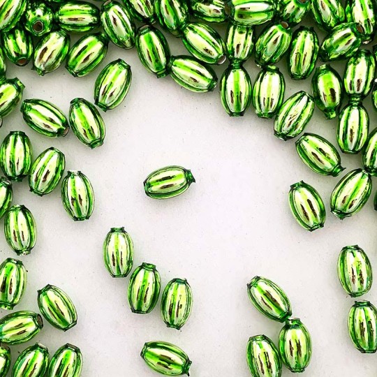 15 Small Light Green Ribbed Olive Blown Glass Beads 10mm ~ Czech Republic