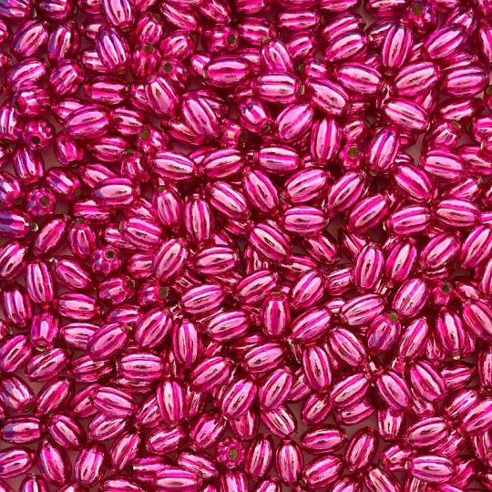 15 Small Hot Pink Ribbed Olive Blown Glass Beads 10mm ~ Czech Republic