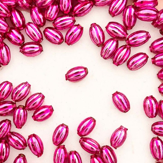 15 Small Hot Pink Ribbed Olive Blown Glass Beads 10mm ~ Czech Republic