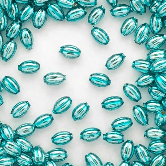 15 Small Aqua Ribbed Olive Blown Glass Beads 10mm ~ Czech Republic