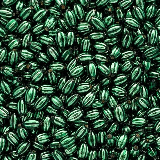 15 Small Dark Green Ribbed Olive Blown Glass Beads 10mm ~ Czech Republic