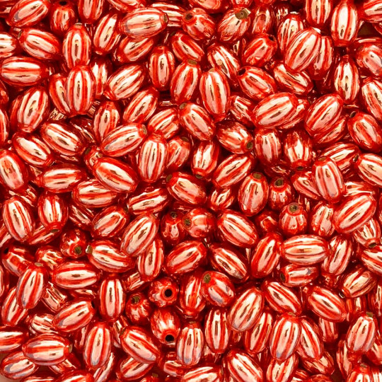 15 Small Pearl Coral Ribbed Olive Blown Glass Beads 10mm ~ Czech Republic
