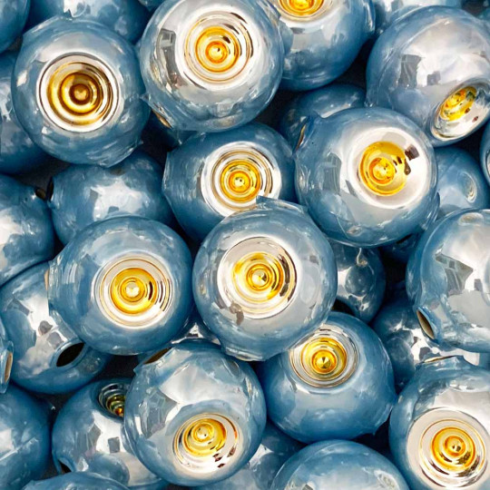 Large Pearl Light Blue and Gold Indent Reflector Bead ~ 30mm for Glass Garlands