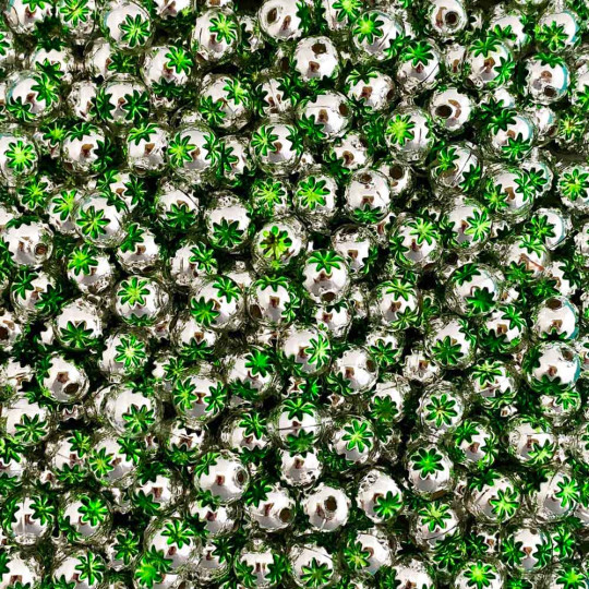 8 Silver with Lime Green Indents Blown Glass Beads .5" ~ Czech Republic