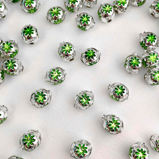 8 Silver with Lime Green Indents Blown Glass Beads .5" ~ Czech Republic