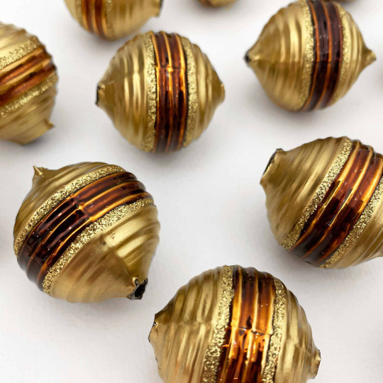 1 XL Brown and Gold Round Ribbed Blown Glass Bead 1-1/4" ~ Czech Republic