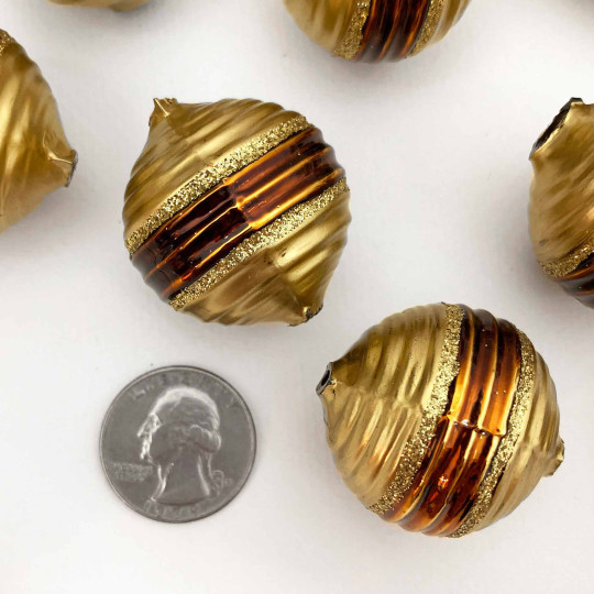 1 XL Brown and Gold Round Ribbed Blown Glass Bead 1-1/4" ~ Czech Republic