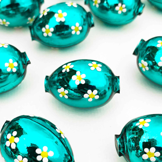 1 Dark Teal Large Blown Glass Egg Bead with White Flowers ~ 1-1/8"