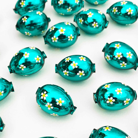 1 Dark Teal Large Blown Glass Egg Bead with White Flowers ~ 1-1/8"