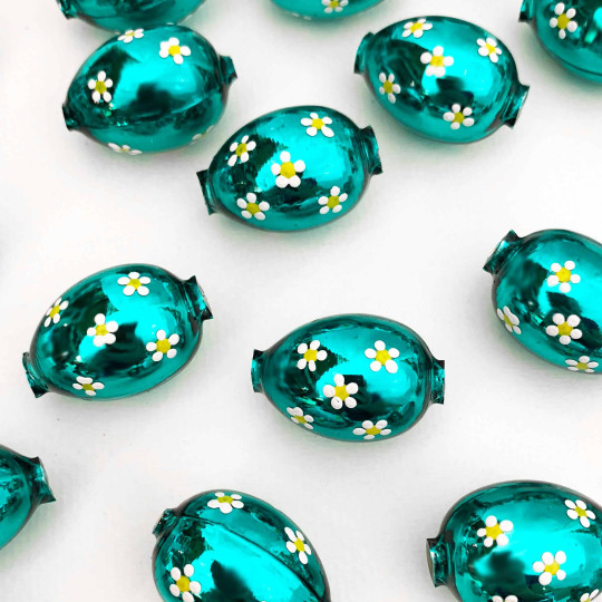 1 Dark Teal Large Blown Glass Egg Bead with White Flowers ~ 1-1/8"