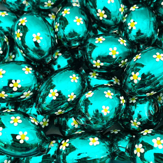 1 Dark Teal Large Blown Glass Egg Bead with White Flowers ~ 1-1/8"