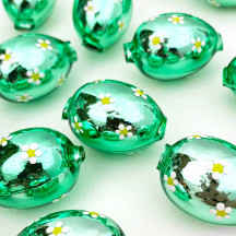 1 Light Green Large Blown Glass Egg Bead with White Flowers ~ 1-1/8"