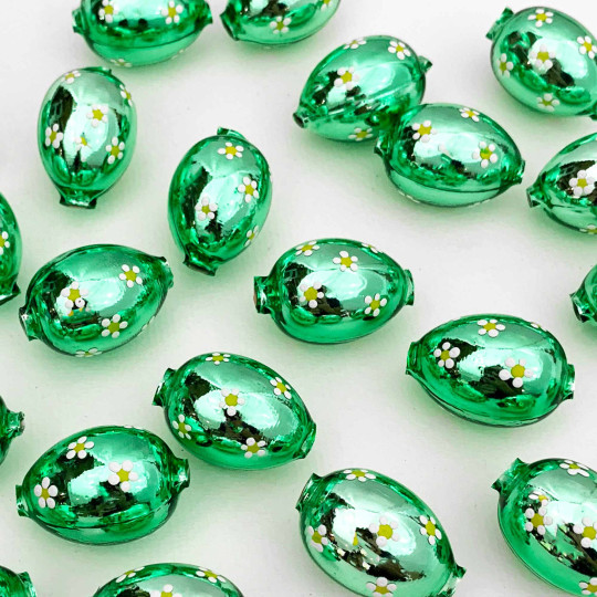 1 Light Green Large Blown Glass Egg Bead with White Flowers ~ 1-1/8"
