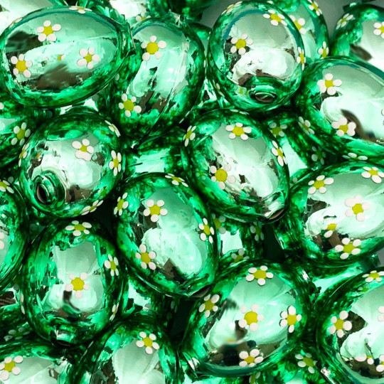 1 Light Green Large Blown Glass Egg Bead with White Flowers ~ 1-1/8"