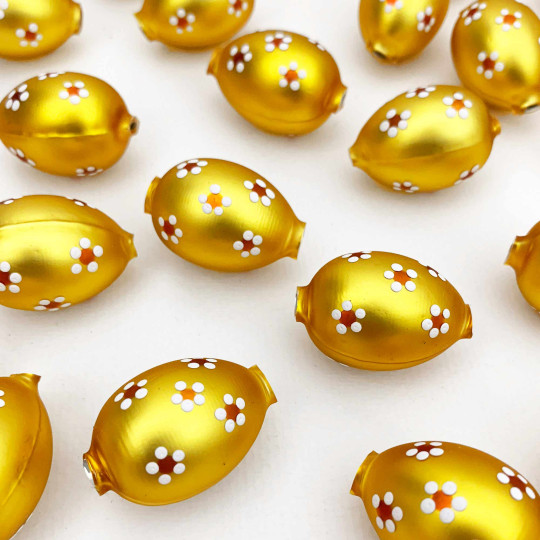 1 Matte Light Yellow Large Blown Glass Egg Bead with White Flowers ~ 1-1/8"